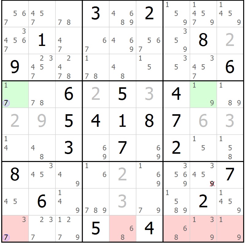 Position des candidats pour la solution de la Gr 69 page 72 du magazine de sudoku Suprême n° 024