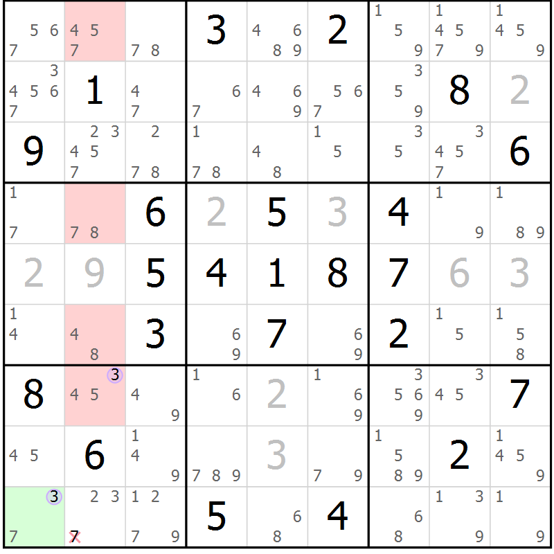 Position des candidats pour la solution de la Gr 69 page 72 du magazine de sudoku Suprême n° 024