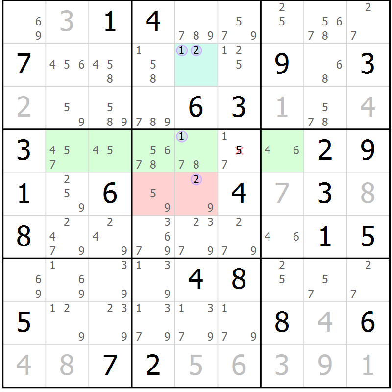 Position des candidats pour la solution de la Gr 70 page 73 du magazine de sudoku Suprême n° 024