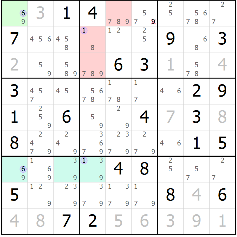 Position des candidats pour la solution de la Gr 70 page 73 du magazine de sudoku Suprême n° 024