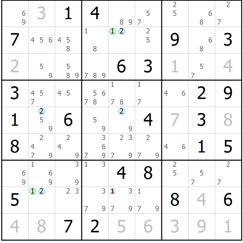 Position des candidats pour la solution de la Gr 70 page 73 du magazine de sudoku Suprême n° 024