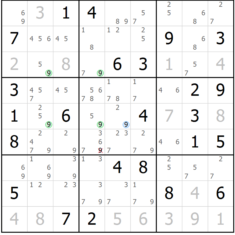 Position des candidats pour la solution de la Gr 70 page 73 du magazine de sudoku Suprême n° 024