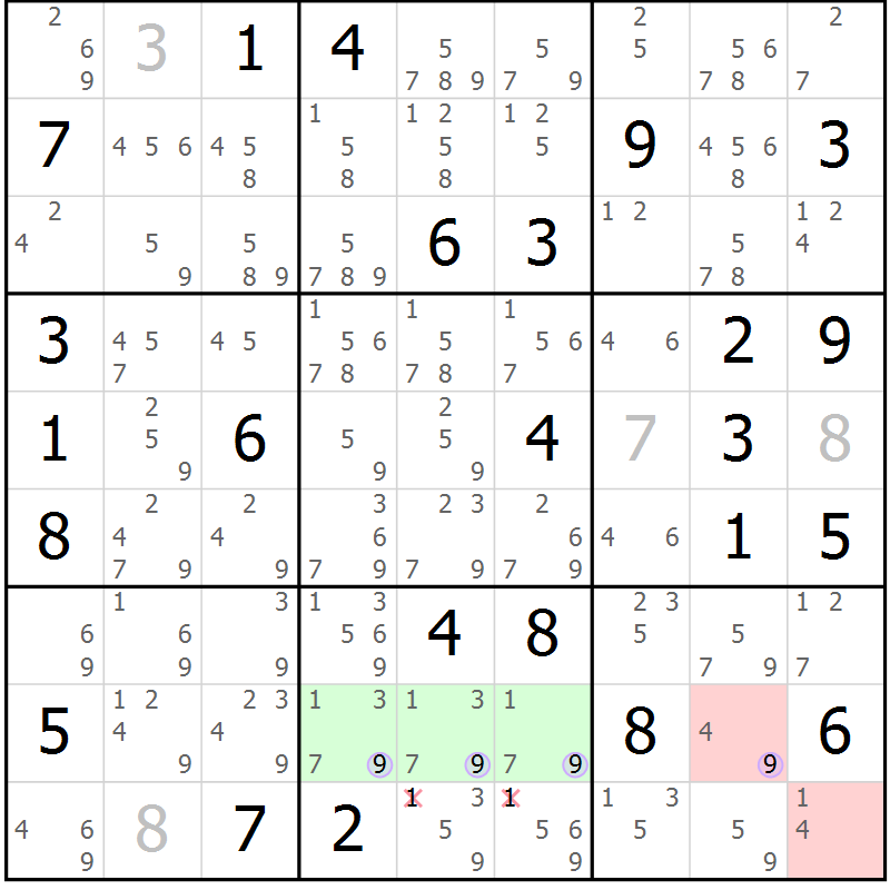 Position des candidats pour la solution de la Gr 70 page 73 du magazine de sudoku Suprême n° 024