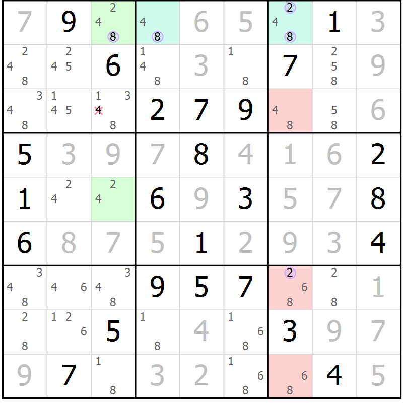 Position des candidats pour la solution de la Gr 72 page 75 du magazine de sudoku Suprême n° 024