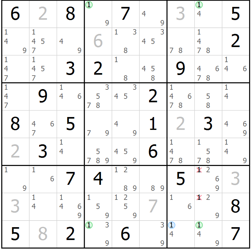 Position des candidats pour la solution de la Gr 74 page 77 du magazine de sudoku Suprême n° 024