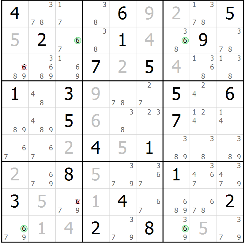 Position des candidats pour la solution de la Gr 75 page 78 du magazine de sudoku Suprême n° 024