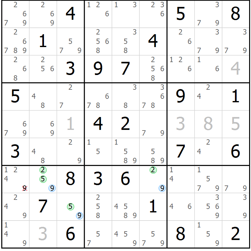 Position des candidats pour la solution de la Gr 77 page 80 du magazine de sudoku Suprême n° 024