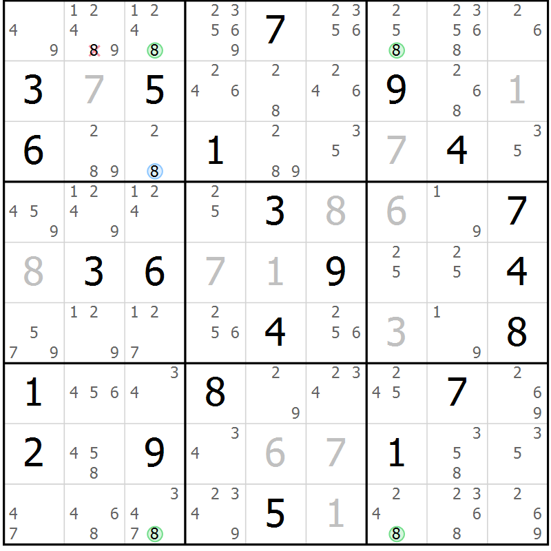 Position des candidats pour la solution de la Gr 8 page 11 du magazine de sudoku Suprême n° 024