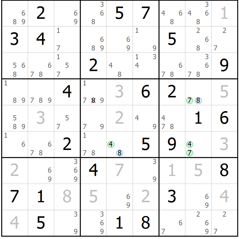 Position des candidats pour la solution de la Gr 80 page 83 du magazine de sudoku Suprême n° 024