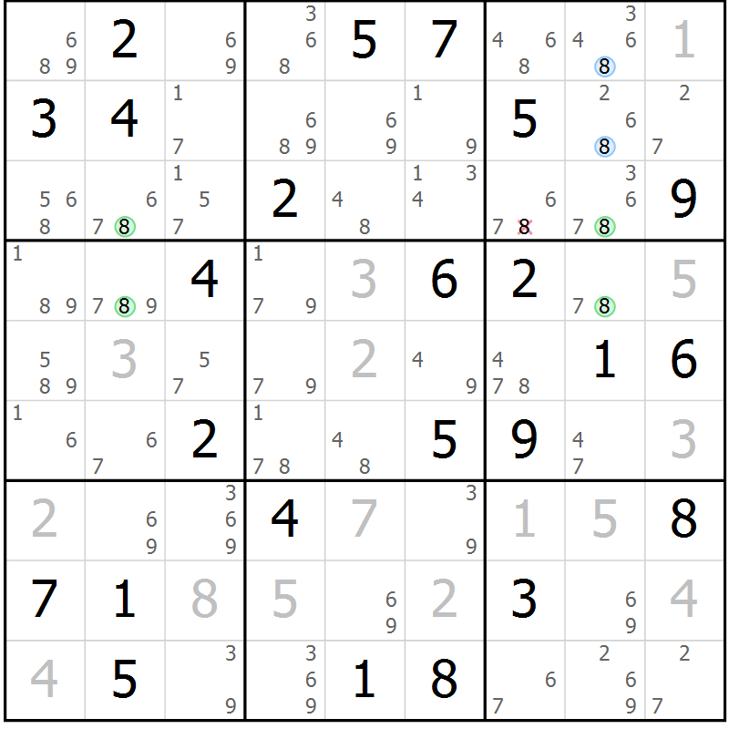 Position des candidats pour la solution de la Gr 80 page 83 du magazine de sudoku Suprême n° 024