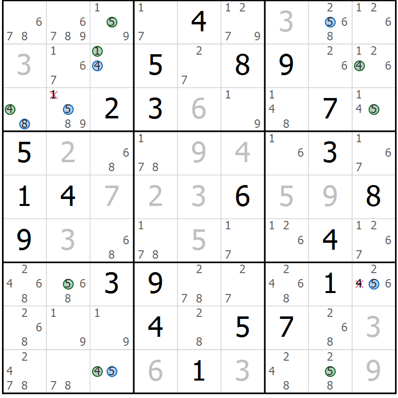 Position des candidats pour la solution de la Gr 1 page 4 du magazine de sudoku Suprême n° 024