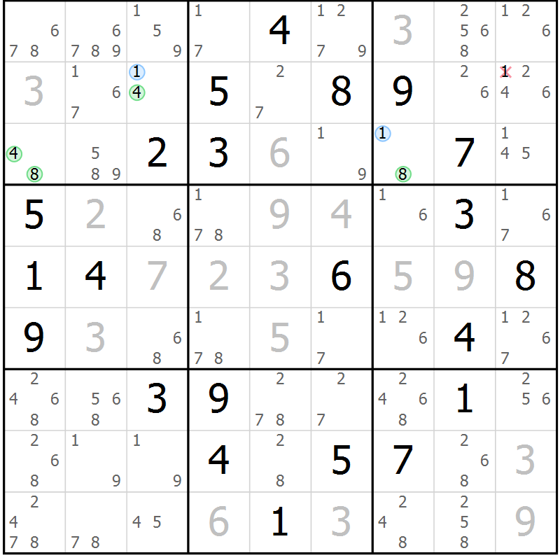Position des candidats pour la solution de la Gr 1 page 4 du magazine de sudoku Suprême n° 024