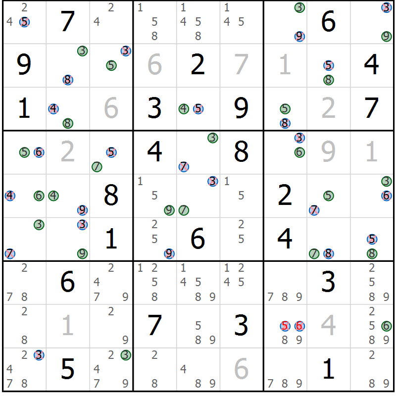Position des candidats pour la solution de la Gr 10 page 13 du magazine de sudoku Suprême n° 024