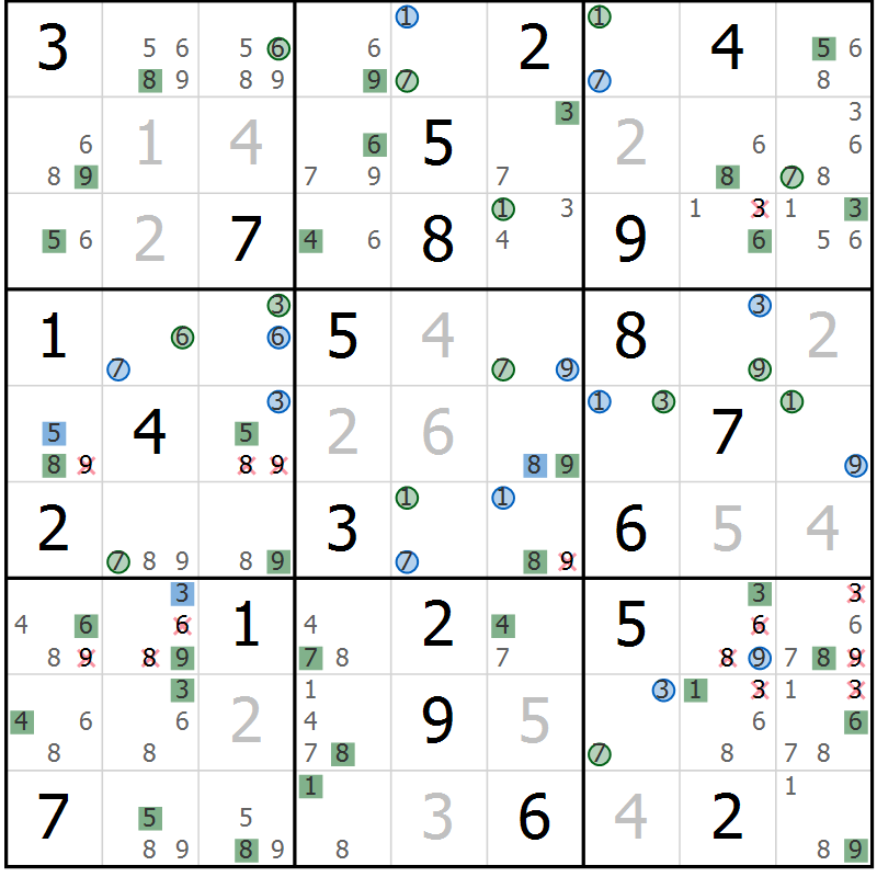 Position des candidats pour la solution de la Gr 13 page 16 du magazine de sudoku Suprême n° 024