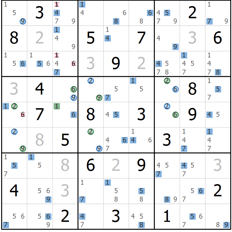 Position des candidats pour la solution de la Gr 15 page 18 du magazine de sudoku Suprême n° 024