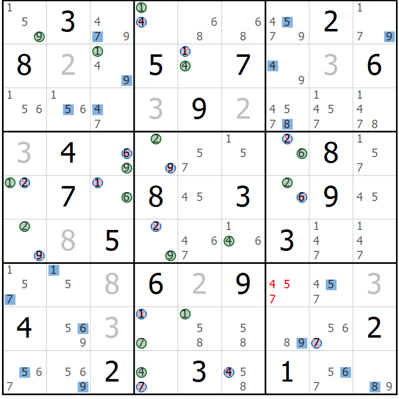 Position des candidats pour la solution de la Gr 15 page 18 du magazine de sudoku Suprême n° 024
