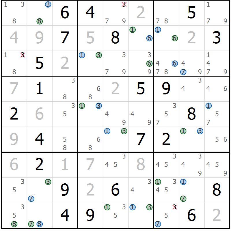 Position des candidats pour la solution de la Gr 16 page 19 du magazine de sudoku Suprême n° 024