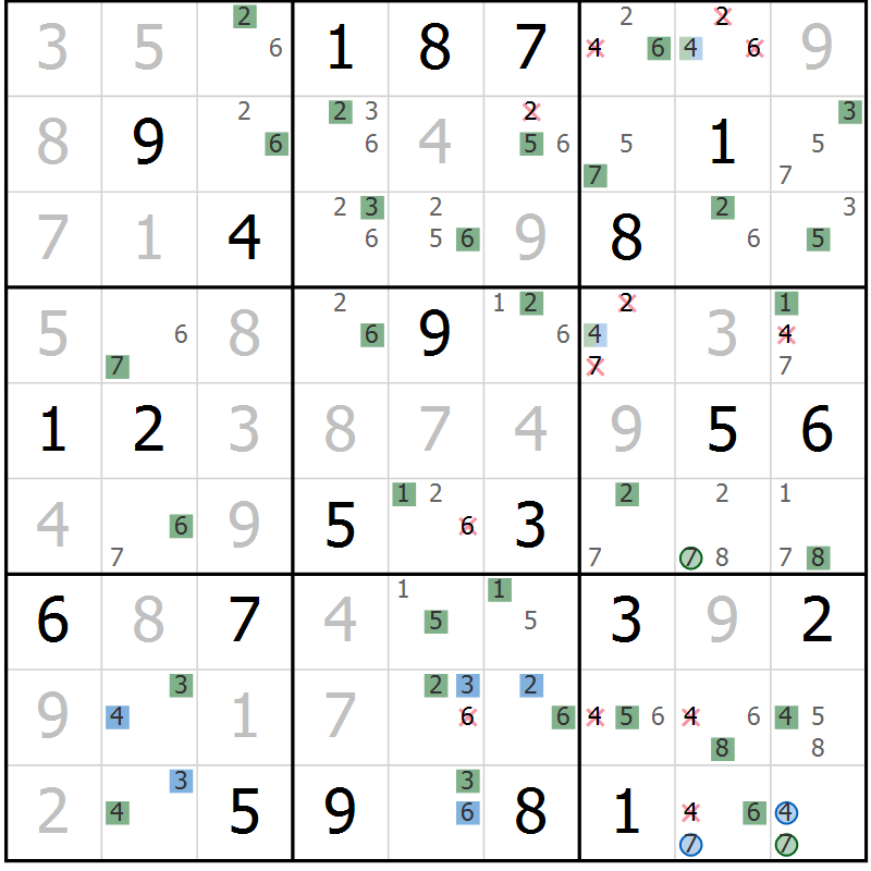 Position des candidats pour la solution de la Gr 17 page 20 du magazine de sudoku Suprême n° 024