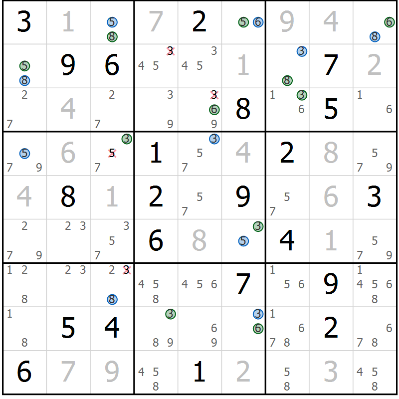 Position des candidats pour la solution de la Gr 18 page 21 du magazine de sudoku Suprême n° 024