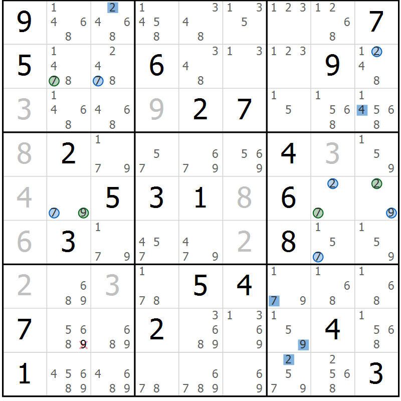 Position des candidats pour la solution de la Gr 20 page 23 du magazine de sudoku Suprême n° 024