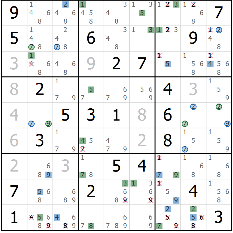 Position des candidats pour la solution de la Gr 20 page 23 du magazine de sudoku Suprême n° 024
