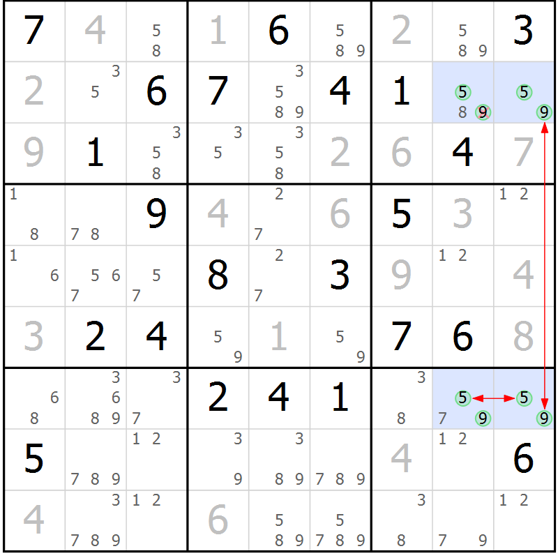 Position des candidats pour la solution de la Gr 23 page 26 du magazine de sudoku Suprême n° 024