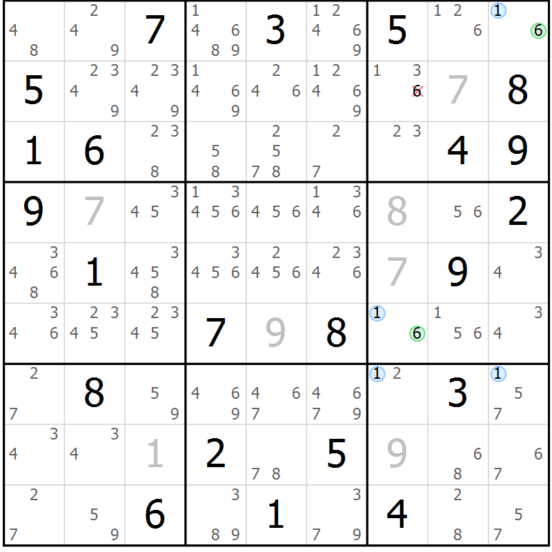Position des candidats pour la solution de la Gr 25 page 28 du magazine de sudoku Suprême n° 024