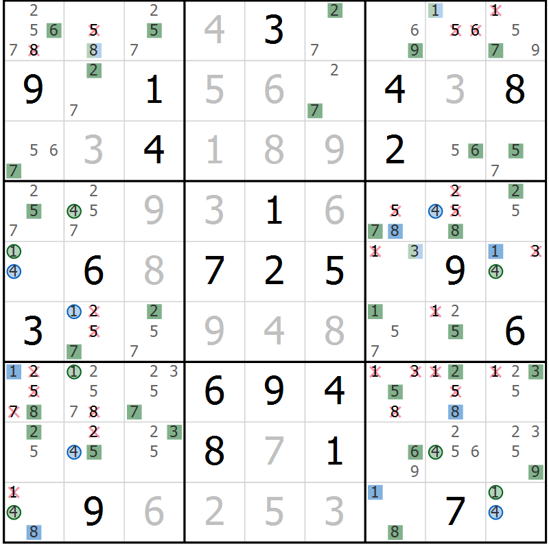 Position des candidats pour la solution de la Gr 29 page 32 du magazine de sudoku Suprême n° 024