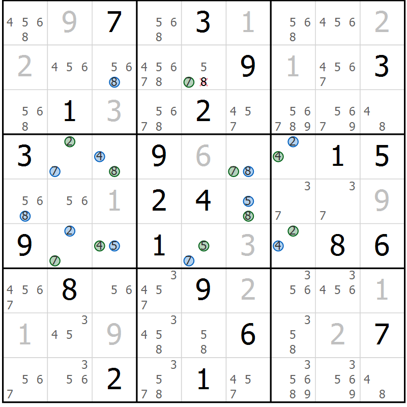 Position des candidats pour la solution de la Gr 31 page 34 du magazine de sudoku Suprême n° 024