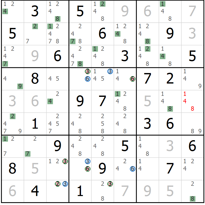 Position des candidats pour la solution de la Gr 33 page 36 du magazine de sudoku Suprême n° 024