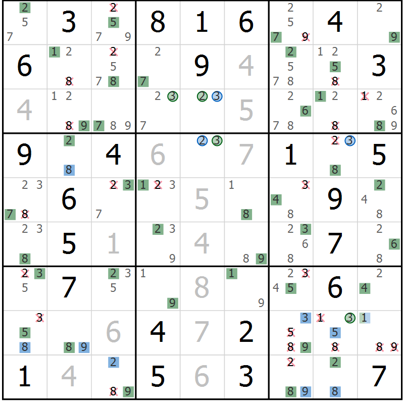 Position des candidats pour la solution de la Gr 36 page 39 du magazine de sudoku Suprême n° 024