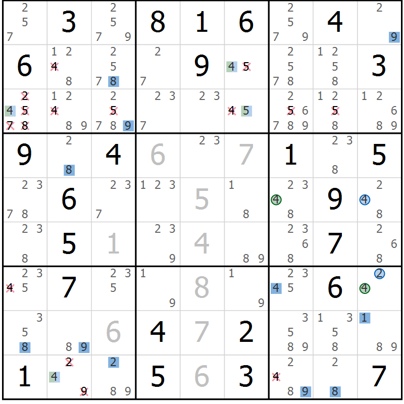 Position des candidats pour la solution de la Gr 36 page 39 du magazine de sudoku Suprême n° 024