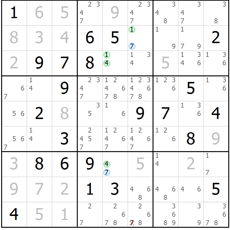 Position des candidats pour la solution de la Gr 4 page 7 du magazine de sudoku Suprême n° 024