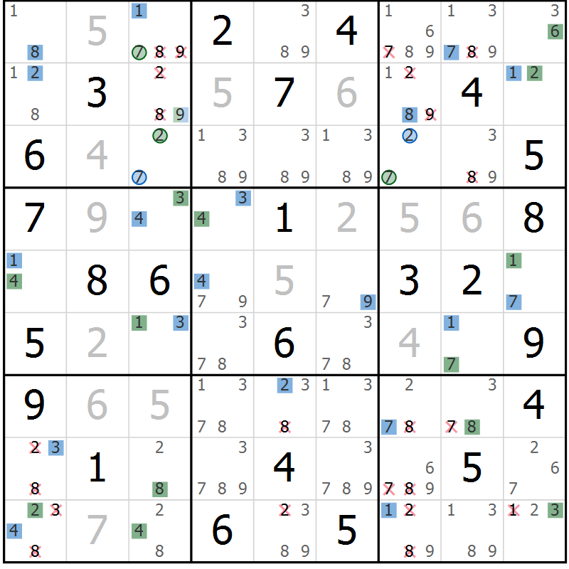 Position des candidats pour la solution de la Gr 40 page 43 du magazine de sudoku Suprême n° 024
