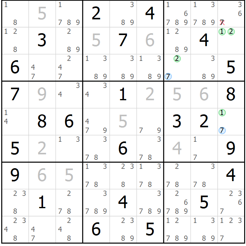 Position des candidats pour la solution de la Gr 40 page 43 du magazine de sudoku Suprême n° 024