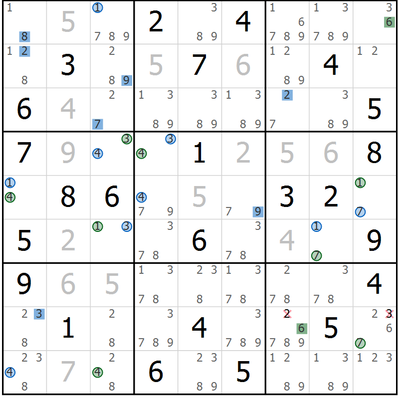 Position des candidats pour la solution de la Gr 40 page 43 du magazine de sudoku Suprême n° 024