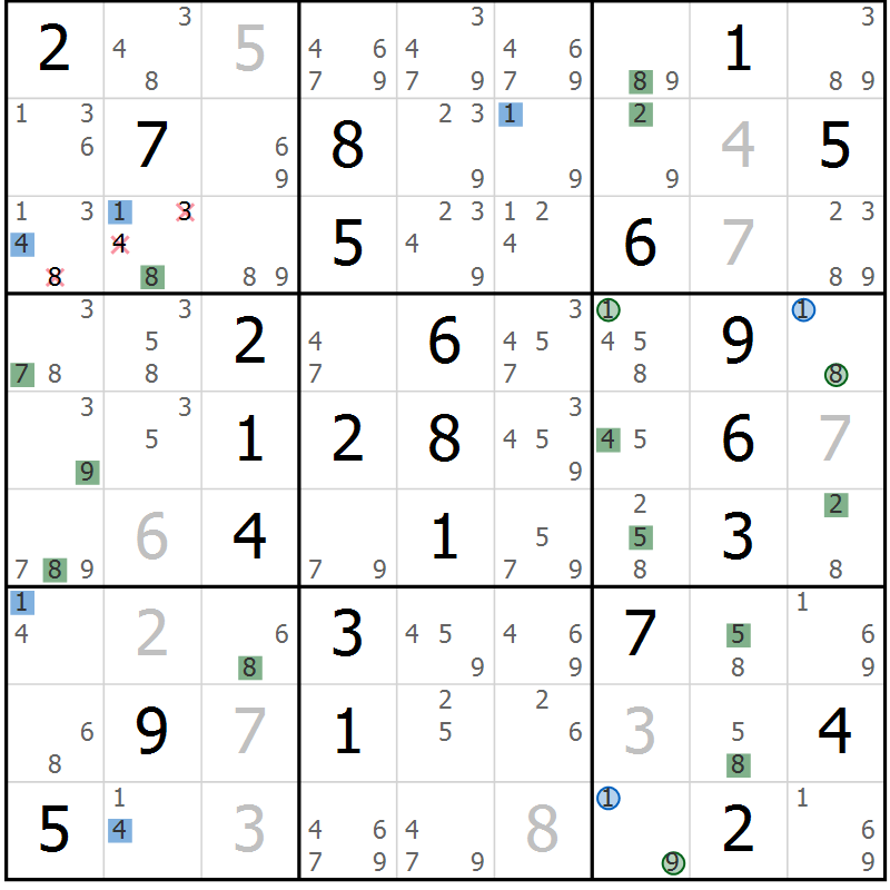 Position des candidats pour la solution de la Gr 45 page 48 du magazine de sudoku Suprême n° 024