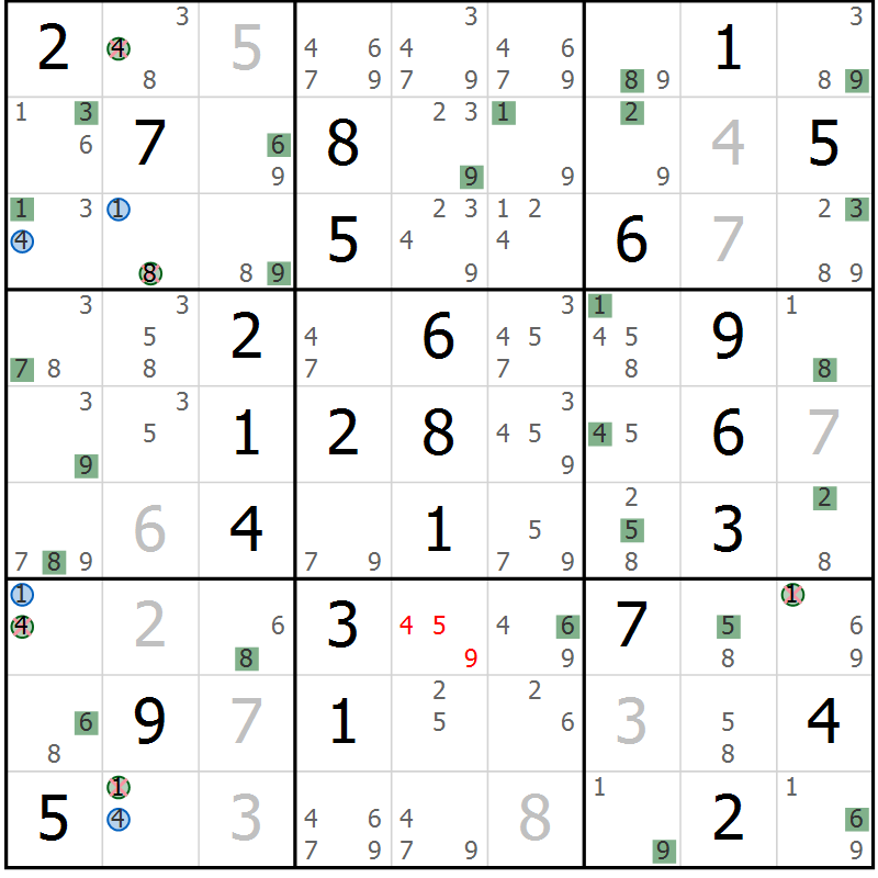 Position des candidats pour la solution de la Gr 45 page 48 du magazine de sudoku Suprême n° 024