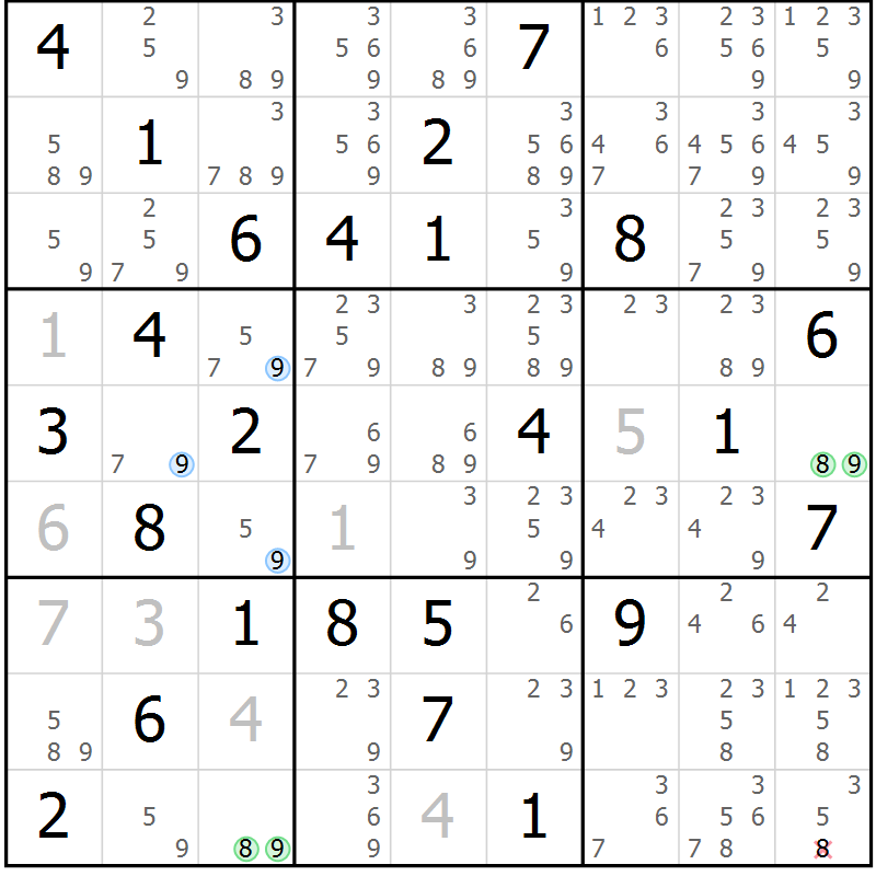 Position des candidats pour la solution de la Gr 50 page 53 du magazine de sudoku Suprême n° 024