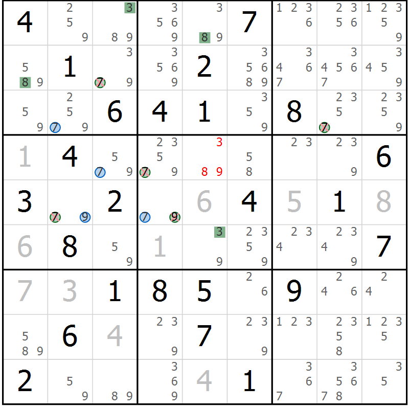 Position des candidats pour la solution de la Gr 50 page 53 du magazine de sudoku Suprême n° 024