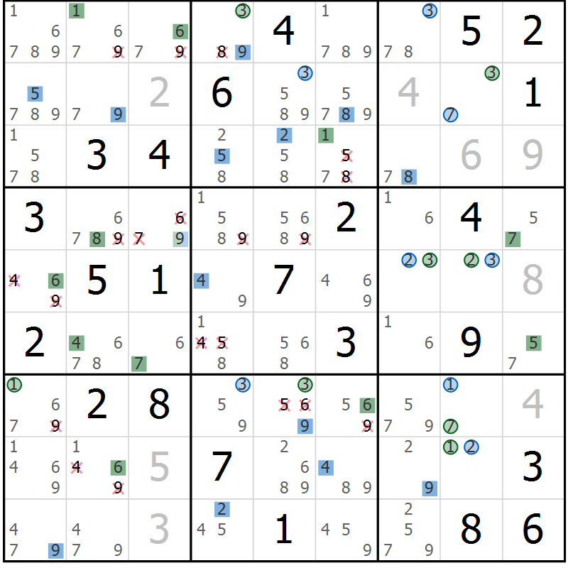 Position des candidats pour la solution de la Gr 53 page 56 du magazine de sudoku Suprême n° 024