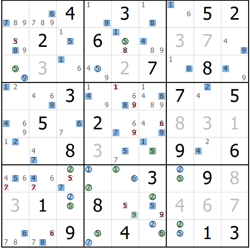 Position des candidats pour la solution de la Gr 54 page 57 du magazine de sudoku Suprême n° 024