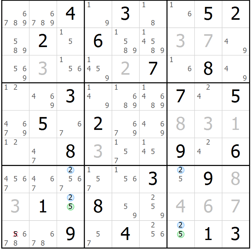 Position des candidats pour la solution de la Gr 54 page 57 du magazine de sudoku Suprême n° 024