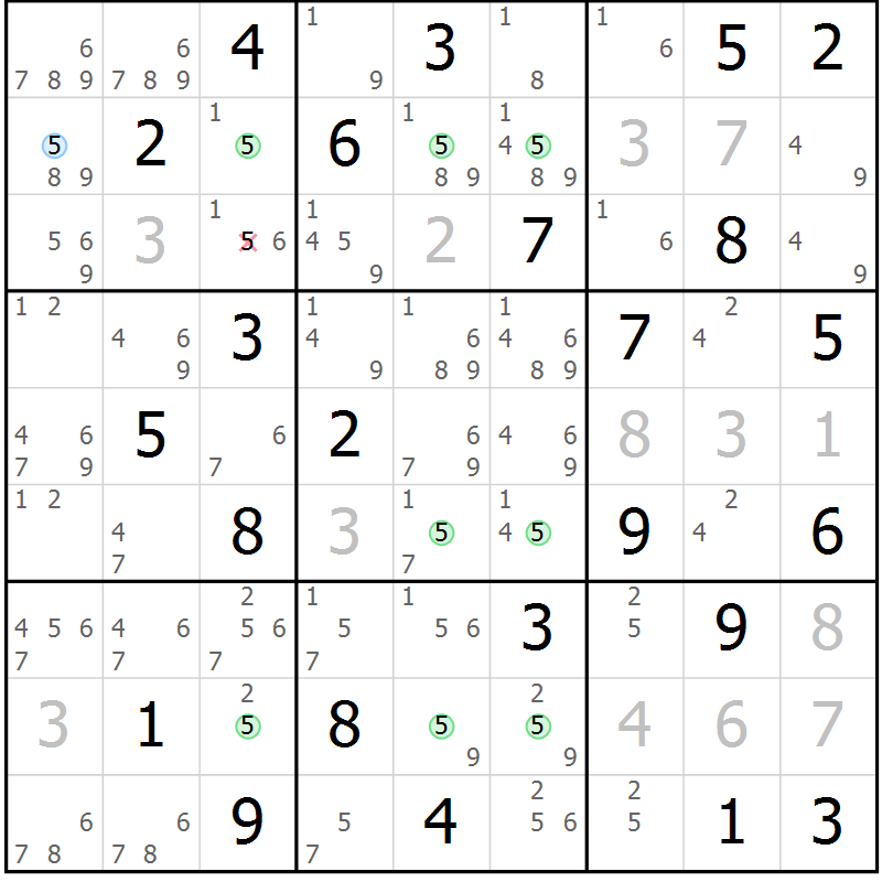 Position des candidats pour la solution de la Gr 54 page 57 du magazine de sudoku Suprême n° 024