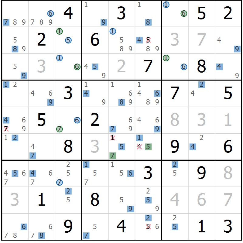 Position des candidats pour la solution de la Gr 54 page 57 du magazine de sudoku Suprême n° 024