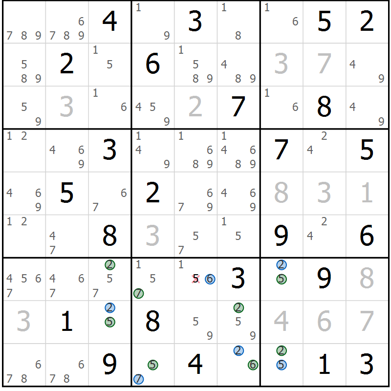 Position des candidats pour la solution de la Gr 54 page 57 du magazine de sudoku Suprême n° 024