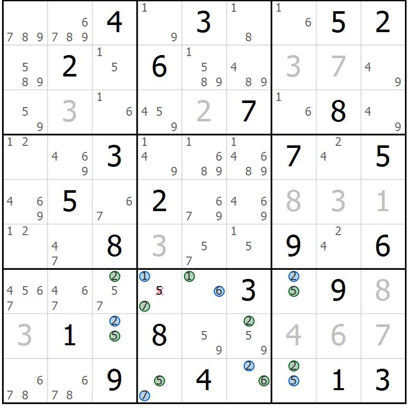 Position des candidats pour la solution de la Gr 54 page 57 du magazine de sudoku Suprême n° 024