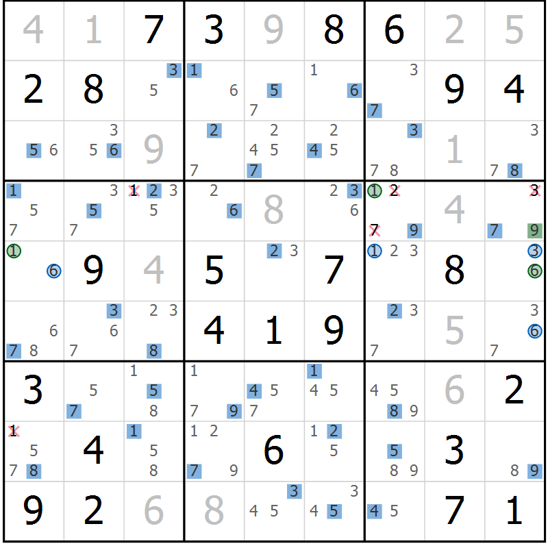 Position des candidats pour la solution de la Gr 55 page 58 du magazine de sudoku Suprême n° 024