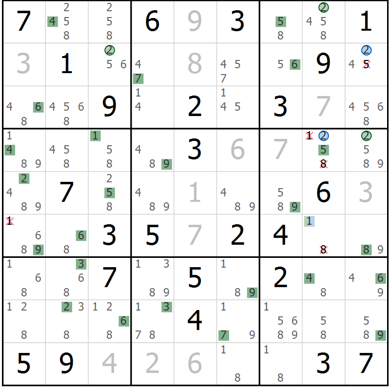 Position des candidats pour la solution de la Gr 57 page 60 du magazine de sudoku Suprême n° 024