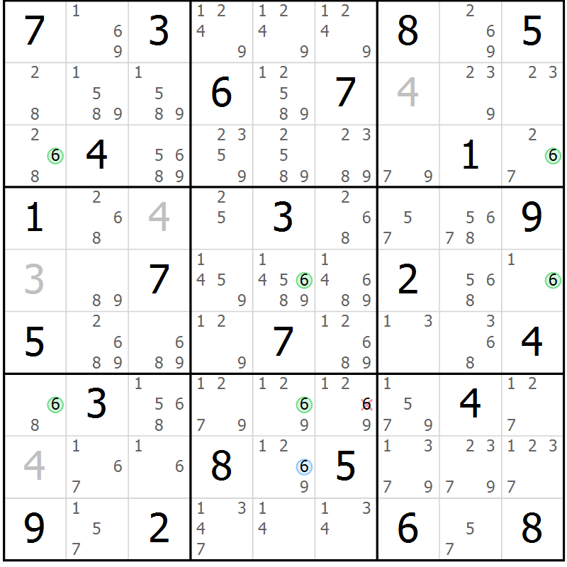 Position des candidats pour la solution de la Gr 58 page 61 du magazine de sudoku Suprême n° 024